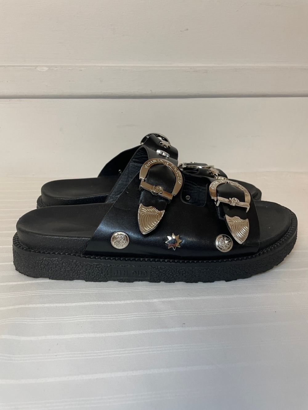 Vittorio Ventura black 2 strap faux leather embellished sandals women’s size 9.5